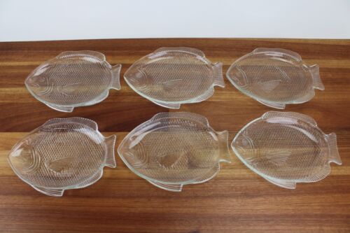 Vintage ANCHOR HOCKING Clear Glass Seafood Fish Dinner Plates x 6 - Picture 1 of 9