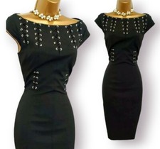 Karen Millen Black Lace Up Eyelet Wiggle Pencil Occasion Dress UK 10