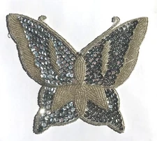 Silver X-Large 6" Butterfly Beaded Sequined Sew-On Applique Craft Patch Vintage 