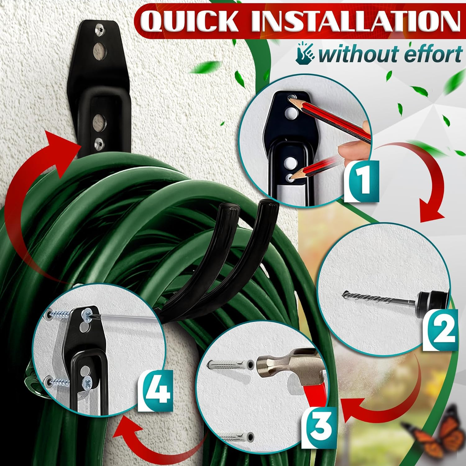 Wall Mounted Garden Hose Hangers: Heavy Duty Black Hooks for Outside. Organizer