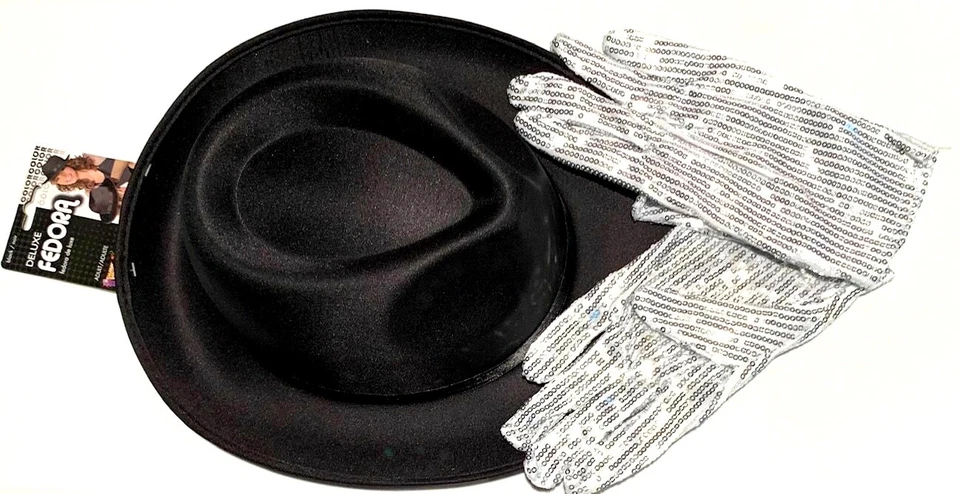 ЧЕРНАЯ ШЛЯПА-ФЕДОРА + 2 СЕРЕБРЯНЫЕ ПЕРЧАТКИ С БЛЕСТКАМИ КОМПЛЕКТ Michael Jackson костюм крышка для взрослых - Изображение 2 из 4