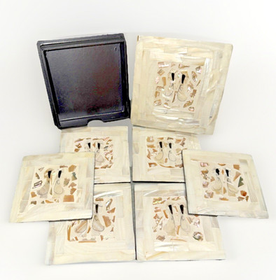 Vintage MCM Set 6 Mother of Pearl Shell Coasters With Matching Box Asian Theme 