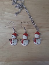Snowman Drop Earrings Necklace Set Holiday Gift Women Girls 18"