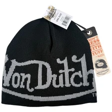 Von Dutch Black Y2K Logo Beanie, Hat, Black Knit Skull Cap, One Size, Streetwear