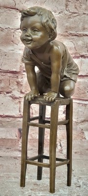Bronze Child on Stool Sculpture Juan Clara Style Hot Cast Art Nouveau Figurine G