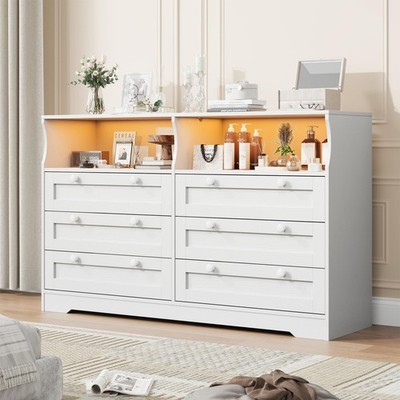 6-Drawer Modern Dresser with Power Outlet & LED Light, Large Capacity Wood Storage Chest TV Stand for Bedroom, Living Room - White 6-Drawer Modern Dresser with Power Outlet & LED Light, Large Capacity Wood Storage Chest TV Stand for Bedroom, Living Room - White