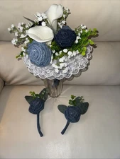 Denim Bridal Bouquet Roses w Flowers & Denim Rose Corsage & Boutonnière Wedding