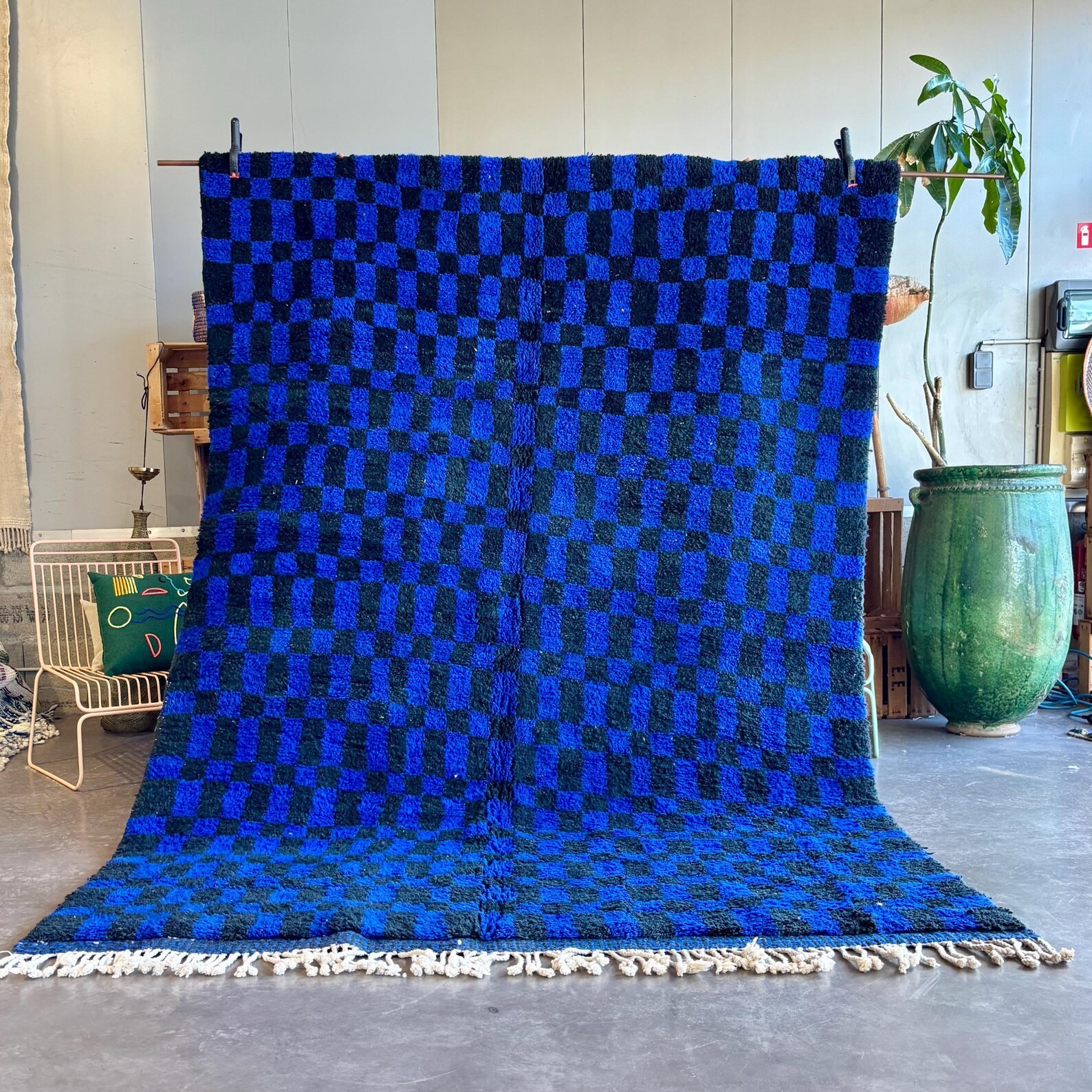 Handmade Moroccan Berber Wool Rug Color Black & Blue Luxury Design Carpet Rug