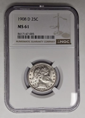 1908 D Denver Mint Barber Quarter 25c NGC MS 61