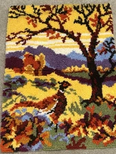 Vtg Latch Hook Rug 70’s Shag Art Completed Pheasant LARGE 36”x27” MCM Fall Autum