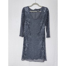 Pisarro Nights Womens Size 12 Beaded Floral Mesh Dress Grey V-Neck 3/4 Sleeve