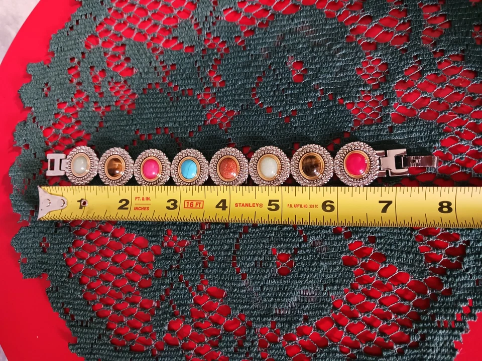 Pulsera de eslabones de piedra múltiple tono plata cabujón gema boho vintage 7,5 pulgadas joyería Foto 4 de 4