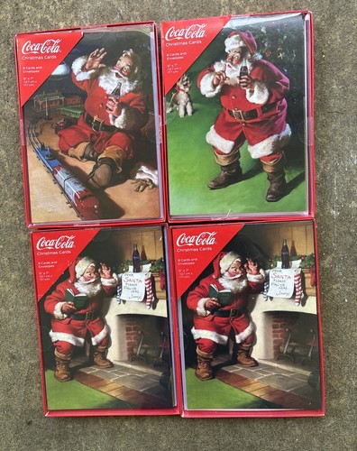 4 Boxes Coca Cola Santa Drinking Coke Bottle Christmas Cards 8 Count Each