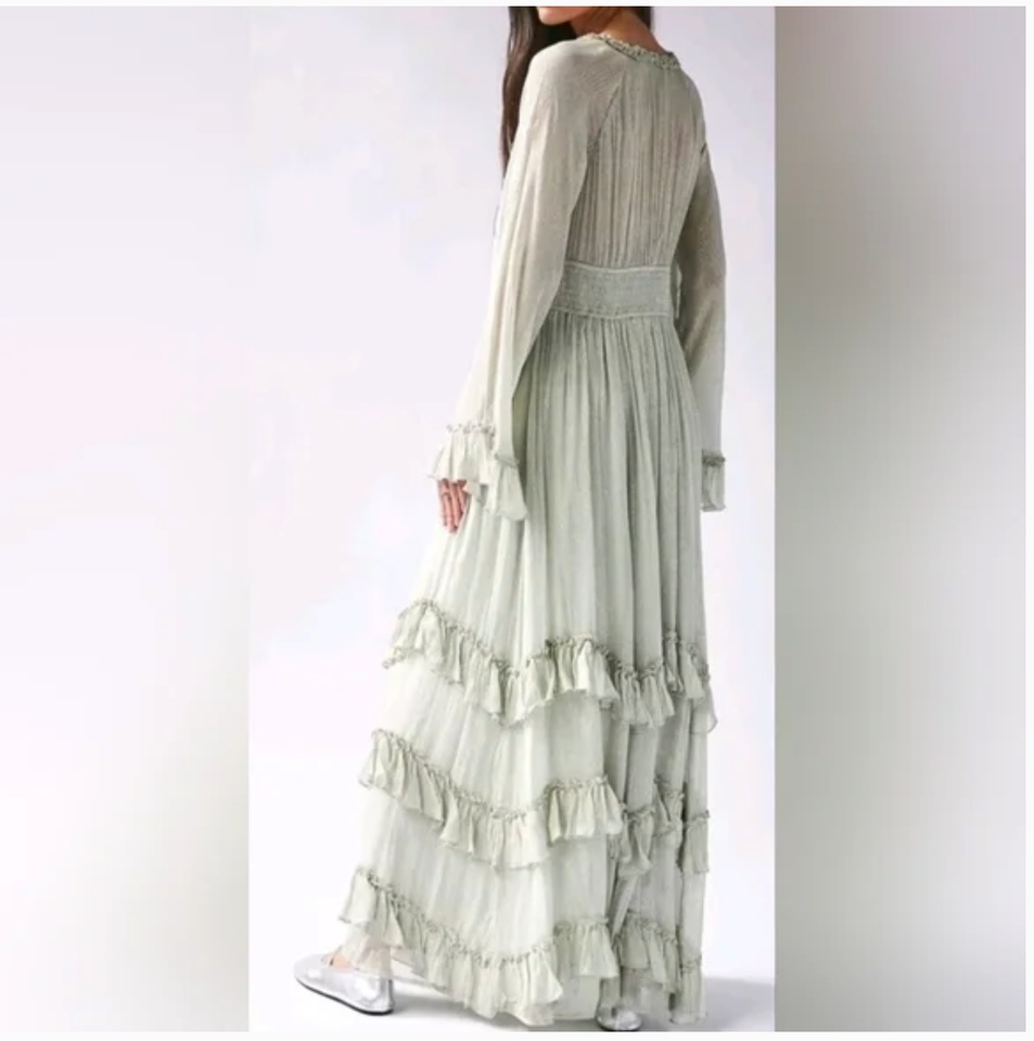 Free People Seraphina Metallic Ruffles Maxi Green Dress size M | eBay