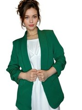 Women s Green Blazer Shawl Lapel Ruched Sleeve Shoulder Pads Size S
