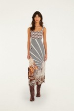 Farm Rio Mixed Carioca Coffee Scarves Sleeveless Midi Dress NWT Small