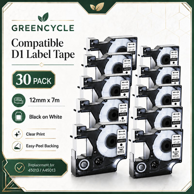 30PK D1 45013 12mm Black on White Label Tape Work for DYMO LabelPoint 300 350