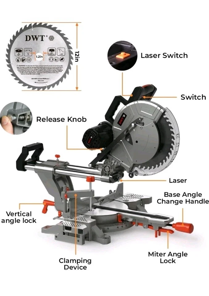 Sierra ingleteadora compuesta DWT de 12 pulgadas con doble corte biselado (-45/0/+45) guía láser Foto 3 de 4