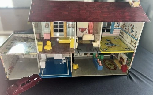 1950's MARX WALT DISNEY USA Tin Litho  2-Story Colonial Doll House W/ Car Access