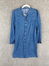 J Jill Denim Lyocell Shirt Dress Womens S Blue Check Pockets Roll Tab Sleeves