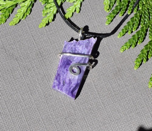 Charoite Wire wrap pendant Natural Nugget with Chord sterling silver e - Picture 2 of 9