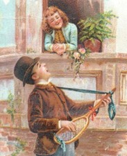 1880's -90's Estey Organ Co. Man Tennis Racket-Guitar Happy Lady P196