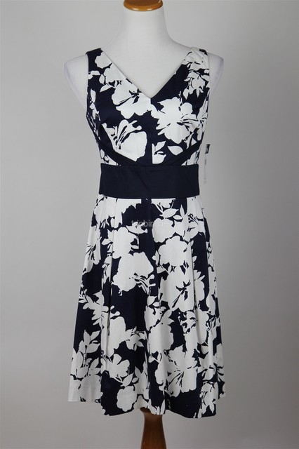 Chaps by Ralph Lauren Navy White Floral Sateen V-neck Dress, A-Line 6, NWT | eBay