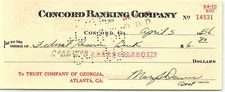1956 CONCORD BANKING CO CONCORD GA TRUST COMPANY OF GEORGIA DRAFT CHECK Z6300