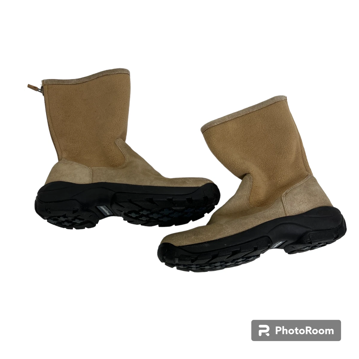 Lands End Womens Tan Suede Fleece Boots Lug Soles Zip Back Size 8