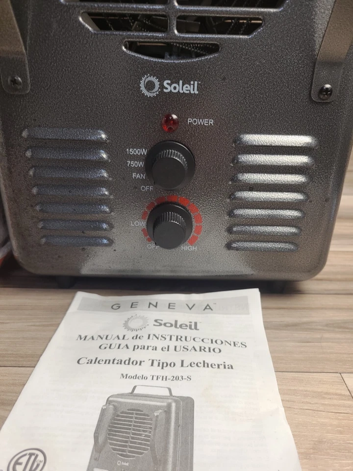 Calentador de espacio eléctrico utilitario Soleil Intertek 750/500 vatios TFH-203-S USADO EN EXCELENTE ESTADO Foto 2 de 4