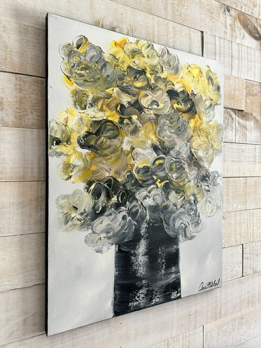 Oil Painting Abstract Flowers Modern Vase Yellow Black White Canvas 18 by 24 AMA - Picture 13 of 14