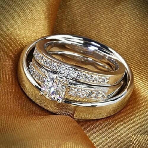 Diamond Wedding His & Her Lab-Created Band Trio Ring Set 14K White Gold Plated