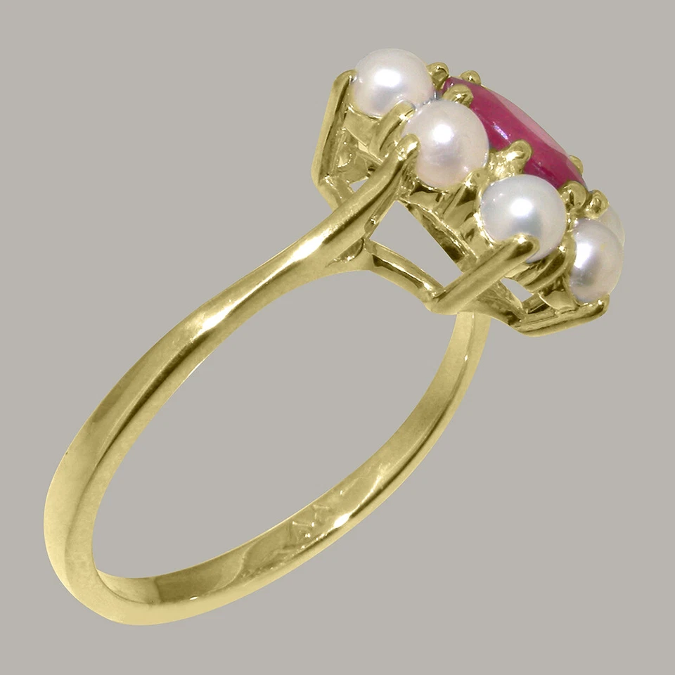 9k Yellow Gold Natural Ruby & Cultured Pearl Womens Cluster Ring - Sizes 4 to 12 - Image 2 of 4