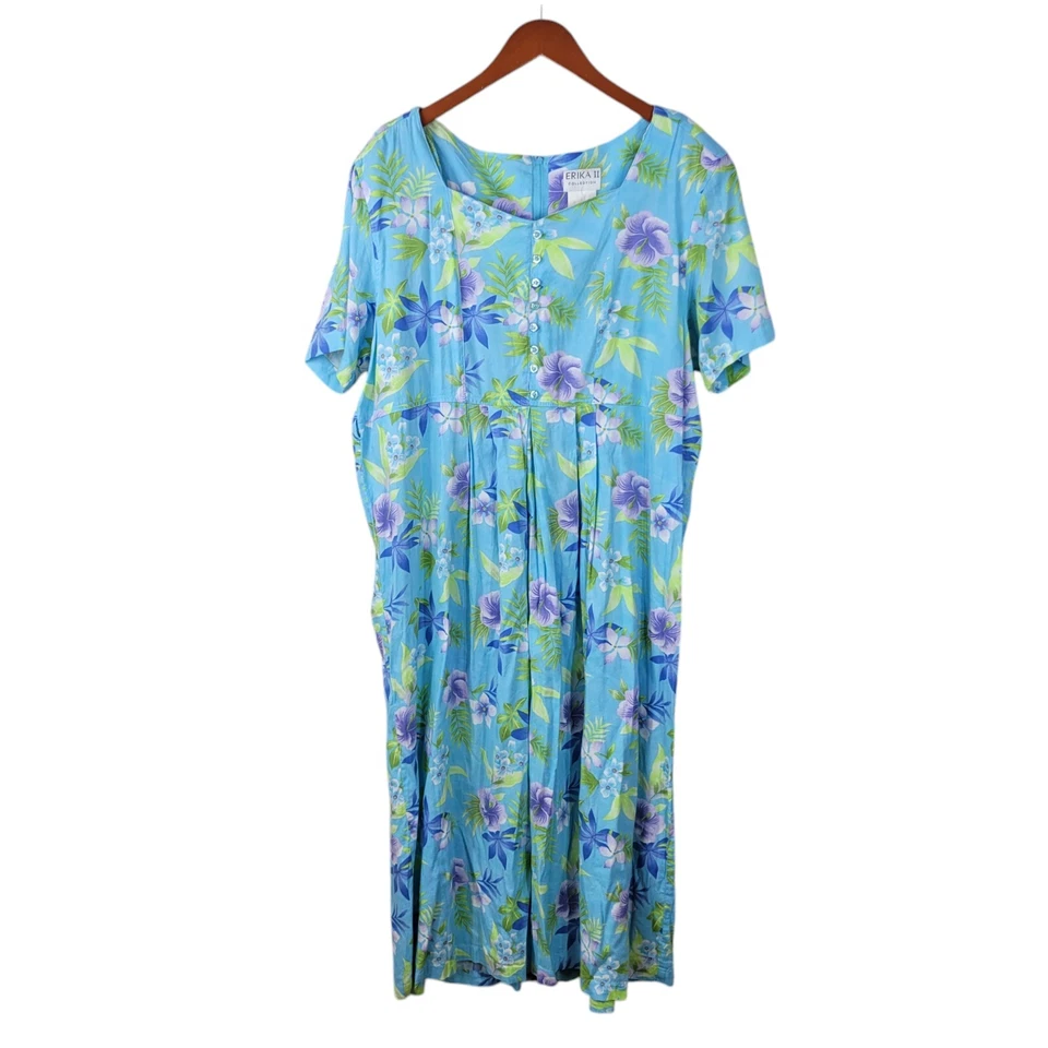 Vestido Vintage Plus 2X 18/20 Midi Floral Largo Azul Tropical Hawaiano Hibisco  Foto 2 de 4