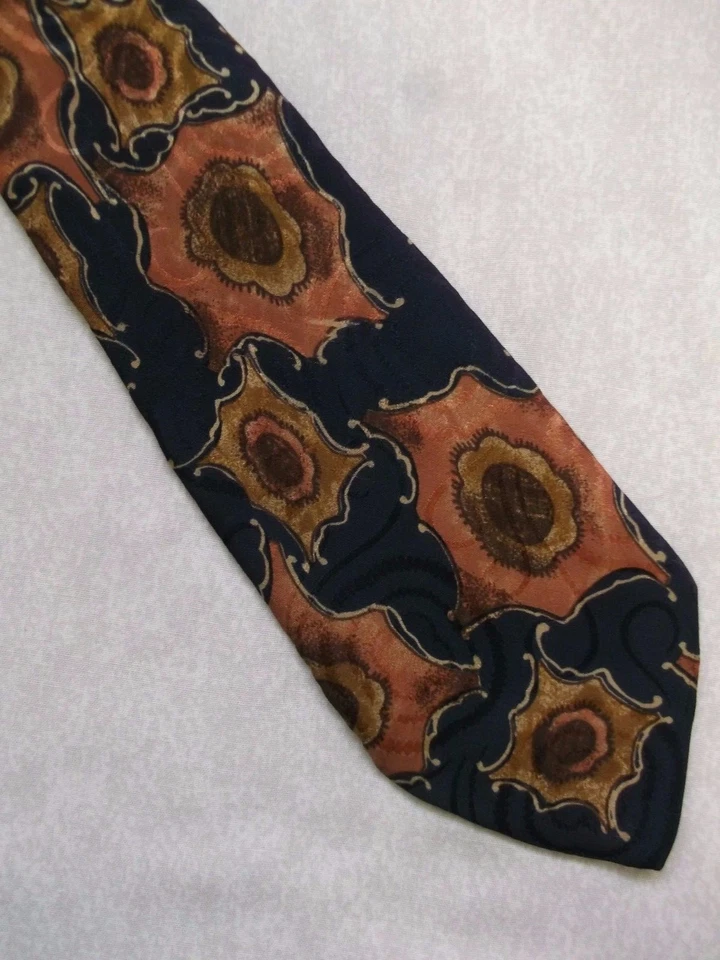Tie Necktie Silk Mens RIVER ISLAND NAVY GOLDEN BROWNS - Image 2 of 3