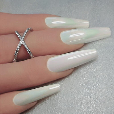 SKINNY LONG COFFIN MIRROR *WHITE CELLOPHANE* Full 24 Nail Tips Press On Glue Set