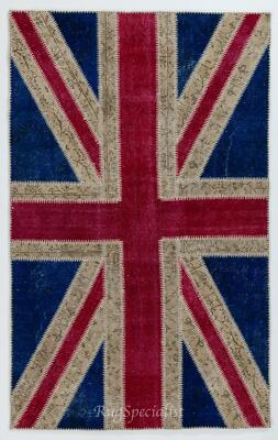 Union Jack British Flag Design Hand-Knotted Patchwork Rug in Blue, Red and Cream