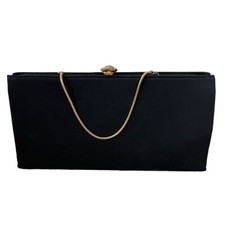 Vintage Black Satin Floral Kiss Lock Clutch Purse 4 Pockets Gold Color Chain