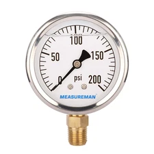 MEASUREMAN 2-1/2" Dial Size, Glycerin Filled Plumbing Pressure Gauge, 0-200Psi, 