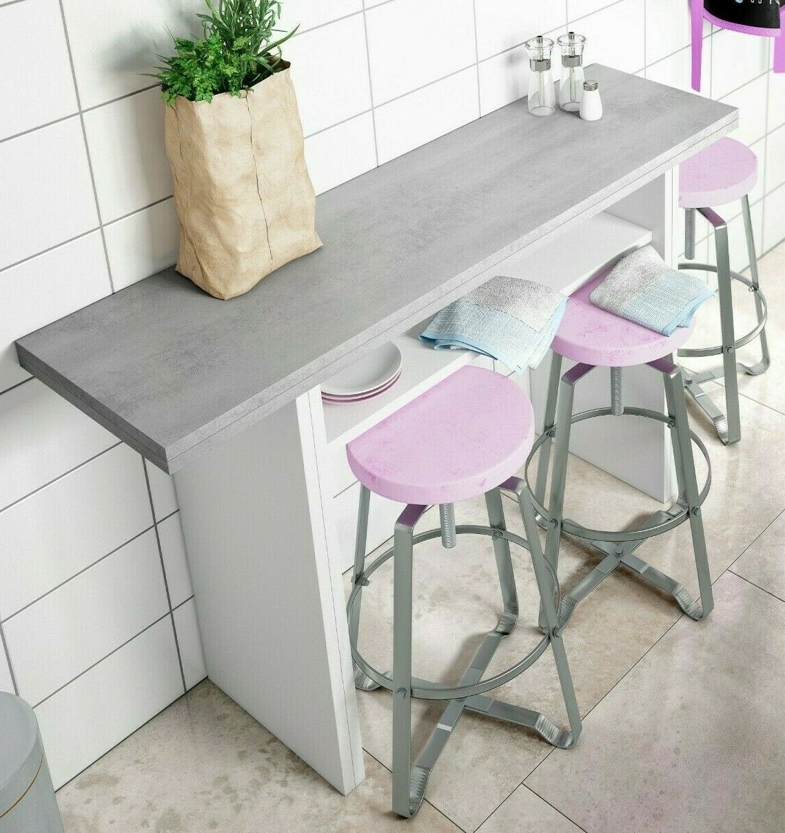 Consola mesa desplegable cocina estrecha cemento y blanco moderno 120x35x77 cm