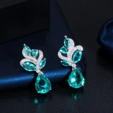 Silver Plated Cubic Zircon Blue Bridal Drop Dangle Earring Fashion Brand Jewelry