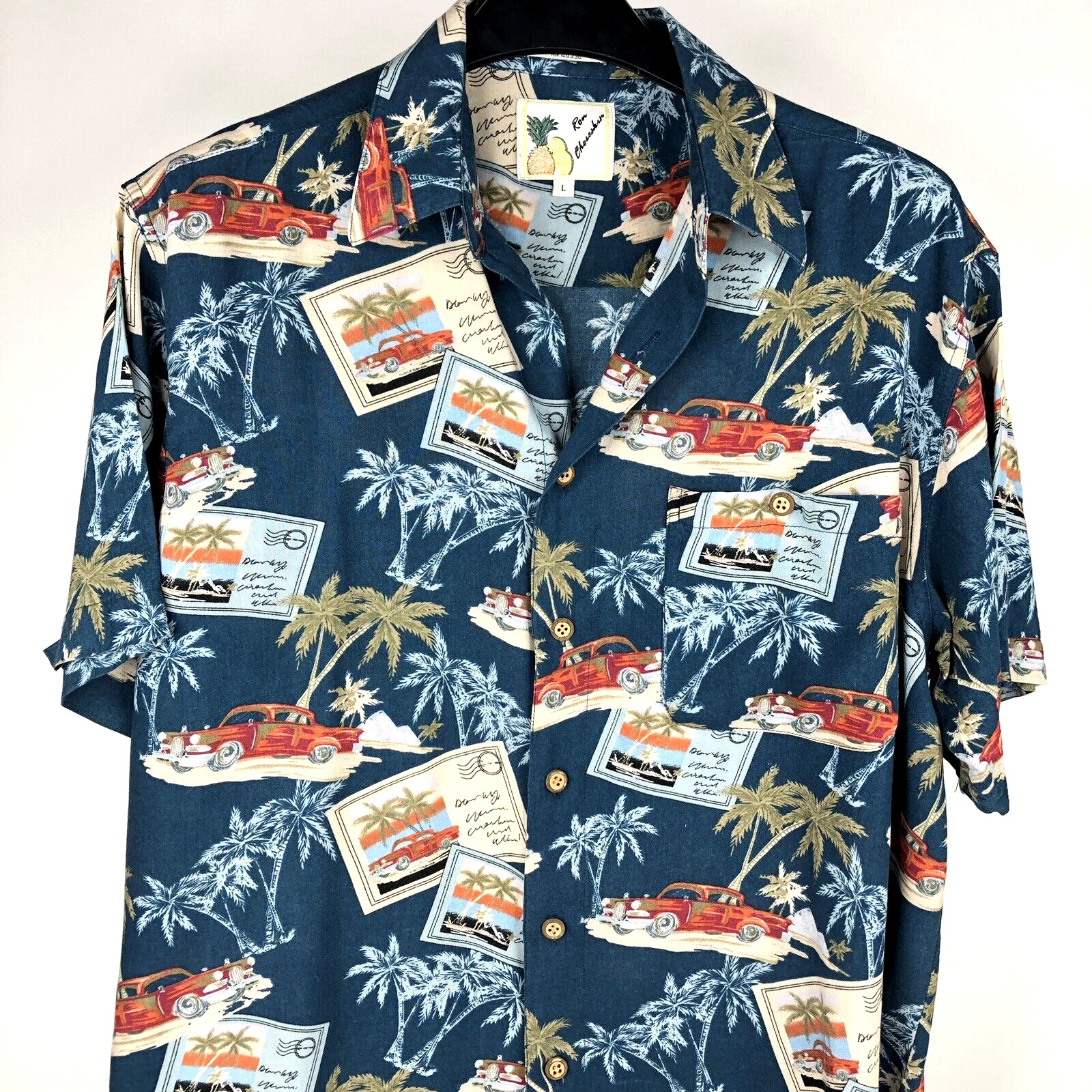 Vintage Ron Chereskin Shirt Mens Large Blue Aloha Tropical Cars