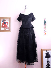 Vintage Black Party Dress 1980s Scott McClintock Lace Sequins - Size 14