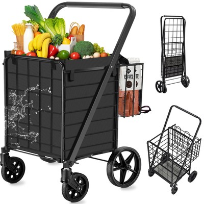 Grocery Cart on Wheels Folding Shopping Carts for Groceries 140L Jumbo with R...