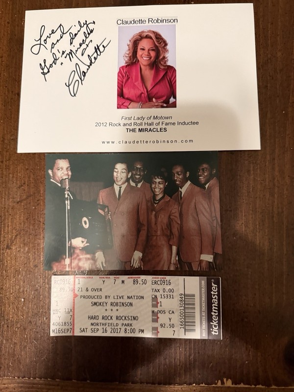 Miracles Photo, Ticket Stub Smokey concert. Claudette Robinson signed pic