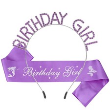 Birthday Girl Sash  Tiara Crown Set Purple Rhinestone Headband Birthday Party