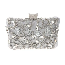 Silver Tone Metal Hardware Frame Glitter Fabric Rhinestone Clutch Evening Bag...