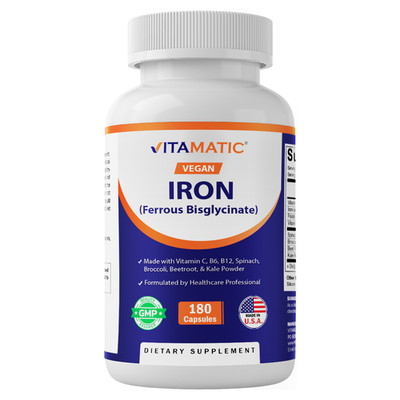 Vitamatic Vegan Iron with Vitamin C, B6, B12 & Folic Acid - 180 Capsules