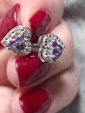 New Natural Amethyst and Rhodium Over Sterling Silver Heart Earrings
