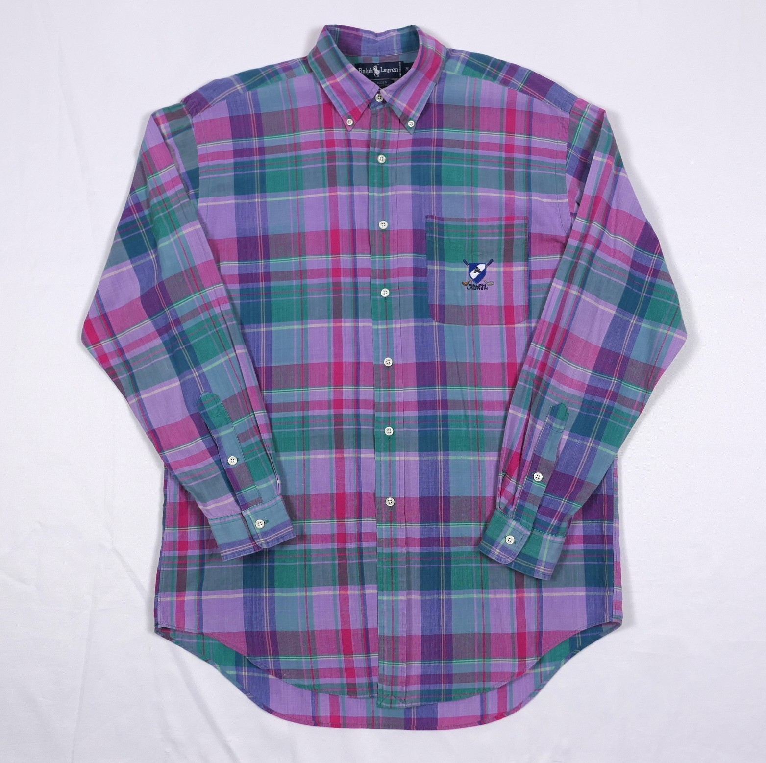 VTG Ralph Lauren Plaid Cotton L/S Shirt Men's LRG Shield Logo RL Golf Clubs Polo image 2